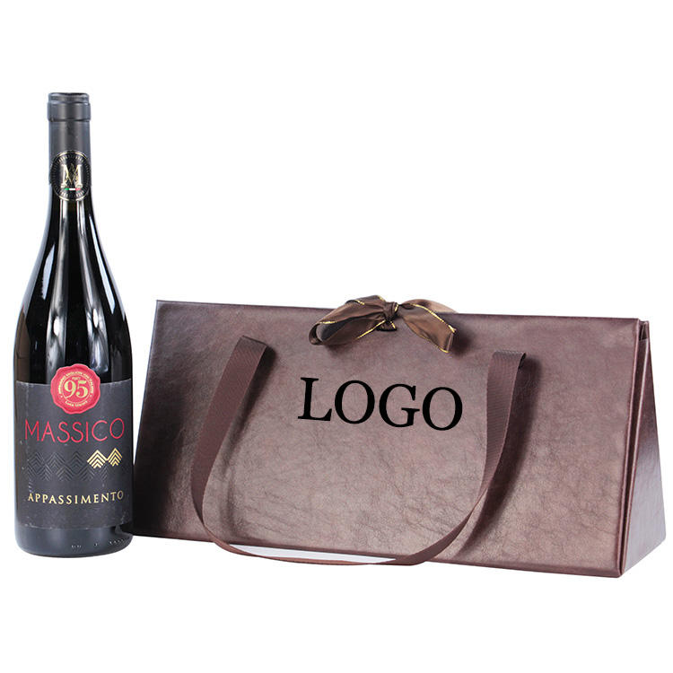 Luxury PU Leather Folding Wine Gift Box with Ribbon Handle