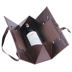 Luxury PU Leather Folding Wine Gift Box with Ribbon Handle