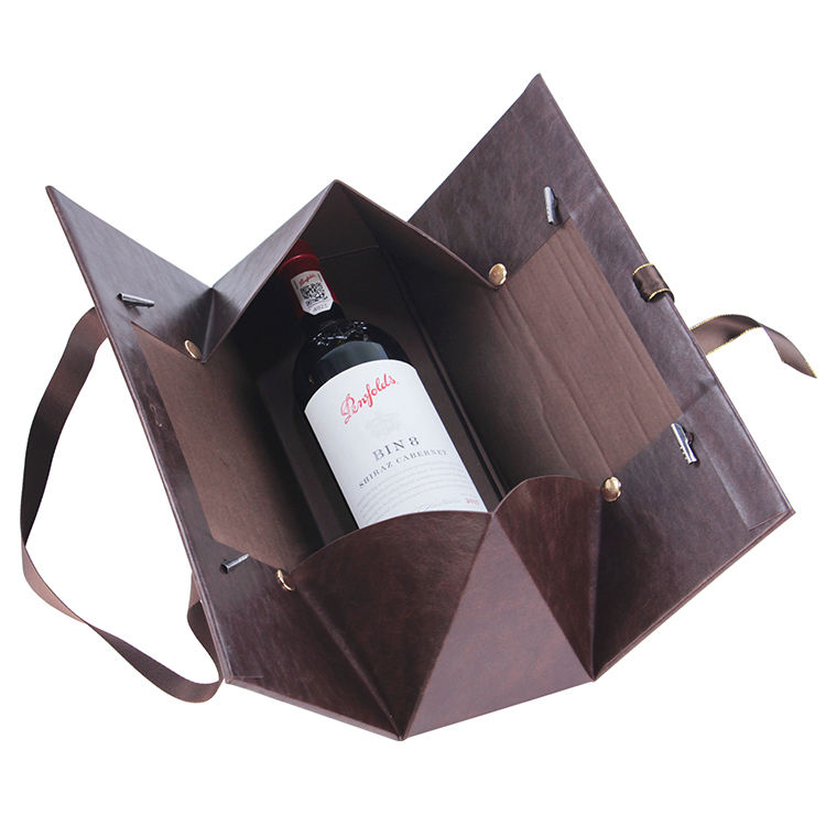 Luxury PU Leather Folding Wine Gift Box with Ribbon Handle