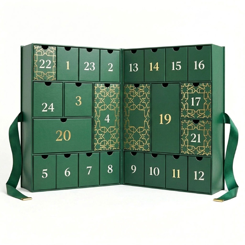 Luxury 24 Days Advent Calendar Box with Gold Foil Drawer Design for Christmas Gift Packaging