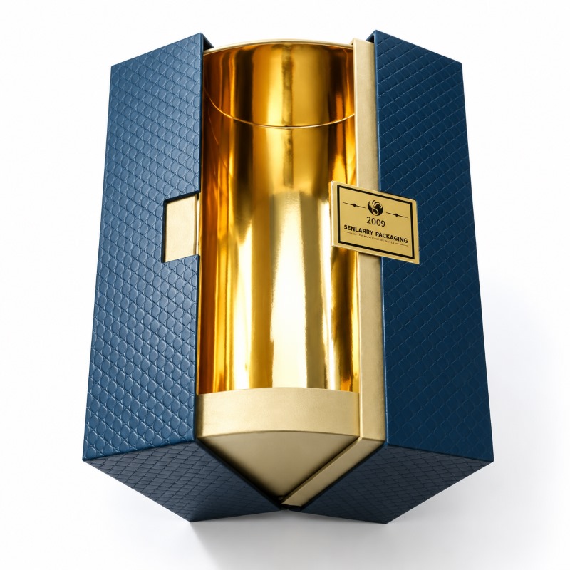 Custom Blue Gold Cylinder Display Gift Box, Luxury Rigid Sleeve Box for Perfume Cosmetic Festival Gift