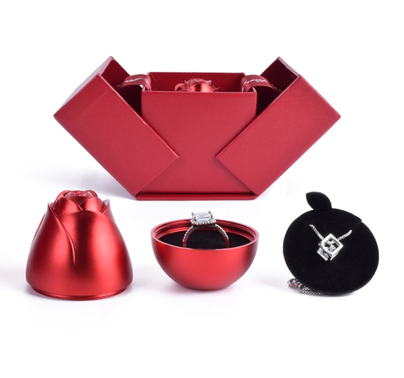 Red Double-door Lift-top Rose-shaped Jewelry Gift Box