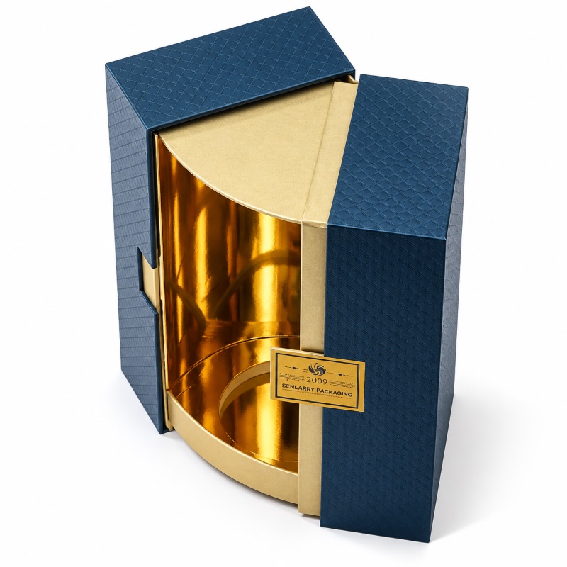 Custom Blue Gold Cylinder Display Gift Box, Luxury Rigid Sleeve Box for Perfume Cosmetic Festival Gift
