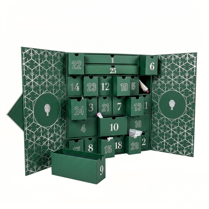 Luxury 24 Days Advent Calendar Box with Gold Foil Drawer Design for Christmas Gift Packaging
