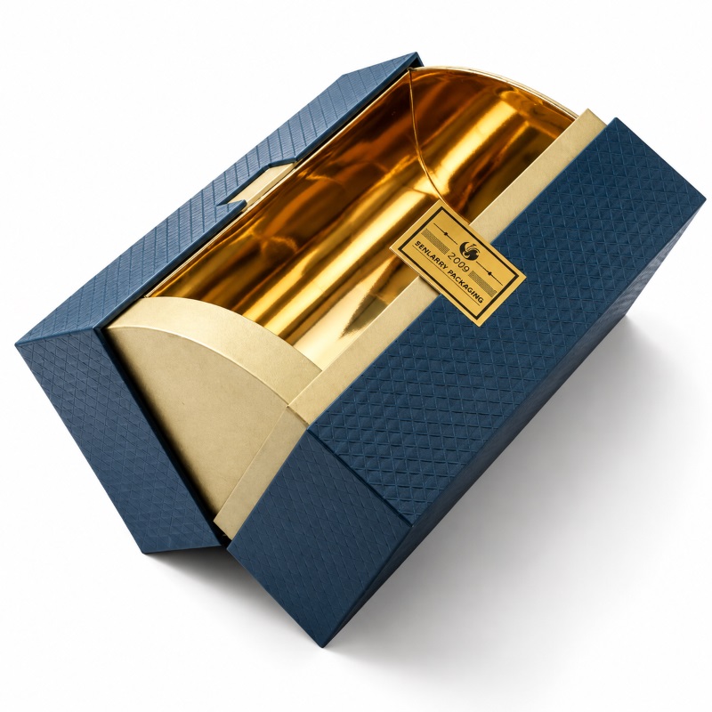 Custom Blue Gold Cylinder Display Gift Box, Luxury Rigid Sleeve Box for Perfume Cosmetic Festival Gift