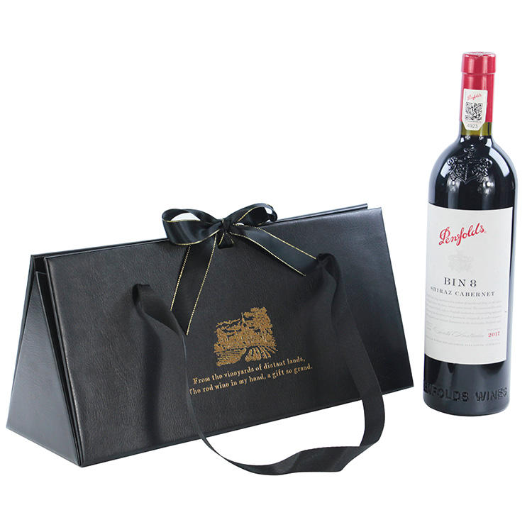 Luxury PU Leather Folding Wine Gift Box with Ribbon Handle