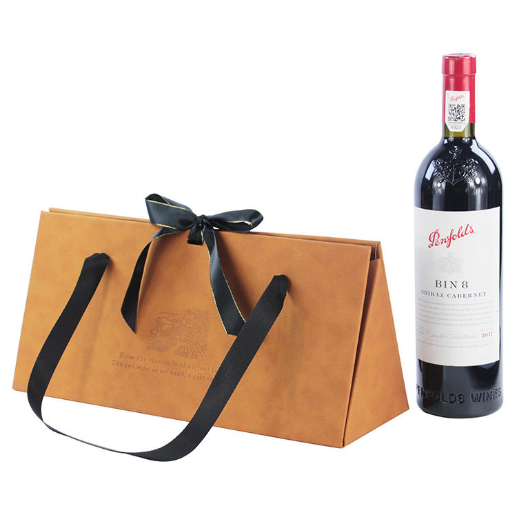 Luxury PU Leather Folding Wine Gift Box with Ribbon Handle